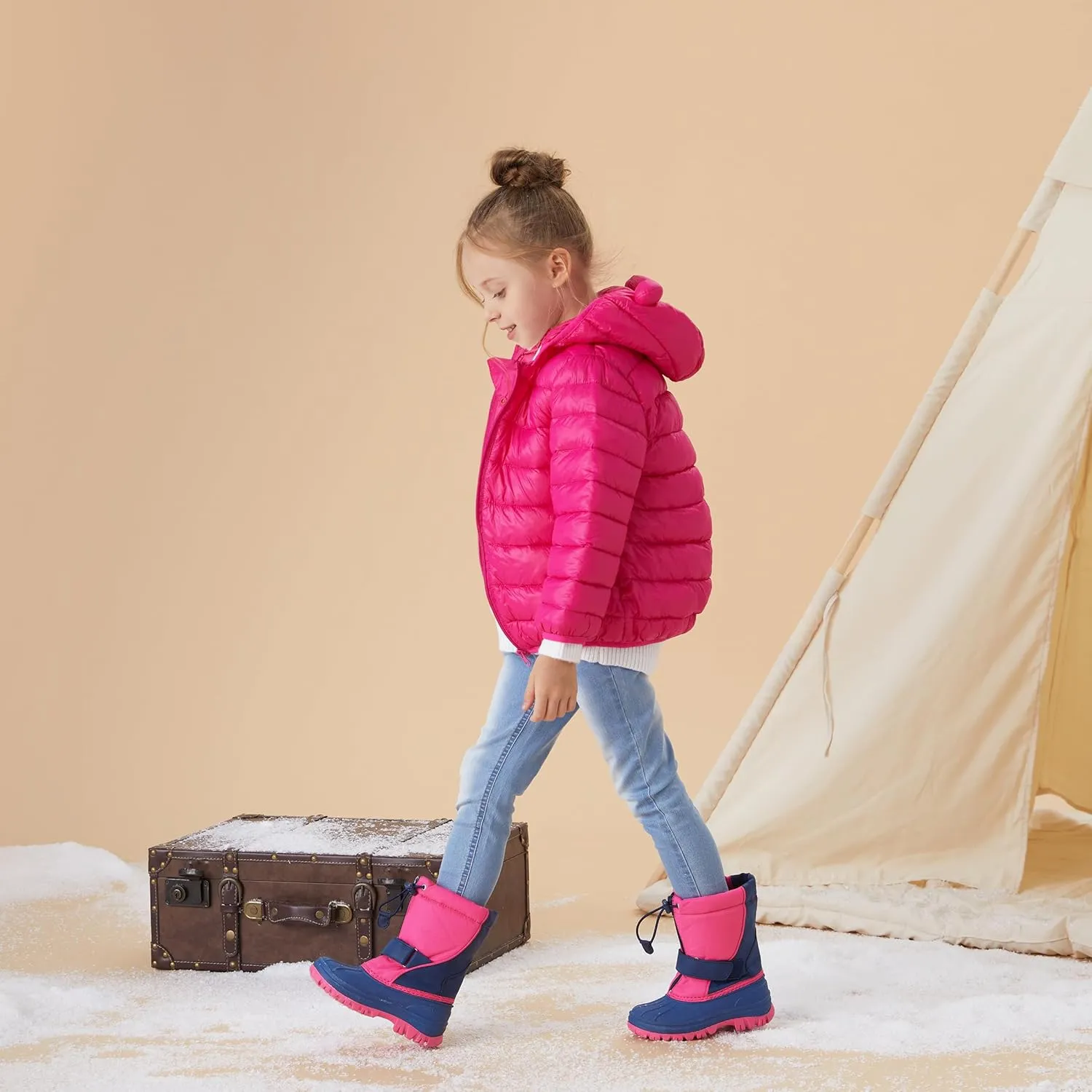 PATPAT Girls and Boys Winter Snow Boots Adjustable Bungee Lace and Hook & Loop Straps Front Zipper Waterproof Outdoor Boot