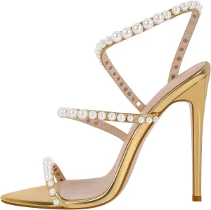 Pearls Stiletto High Heels Pointed Toe Heeled Sandals Strappy Heels Women Sexy Sandals Dressy Shoes