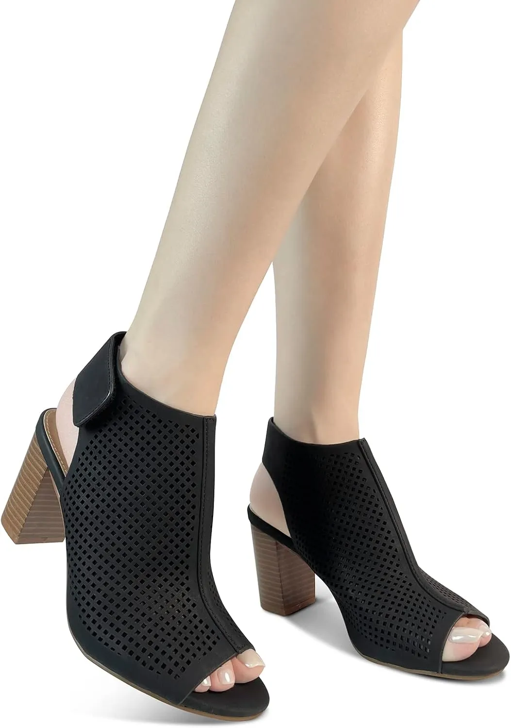 Peep Toe Booties Women, Ankle Booties Skeleton Boots Hook & Loop Strap Mid Block Heel Sandals for Women