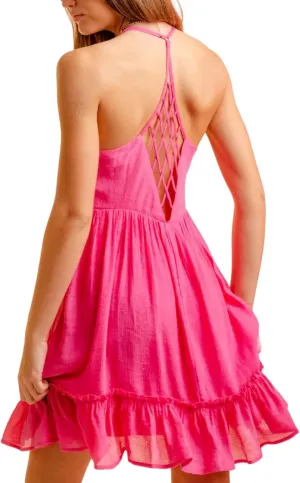 Perbai Women's V Neck Sleeveless Summer Halter Dress Ruffled A Line Flowy Backless Boho Mini Cami Dresses