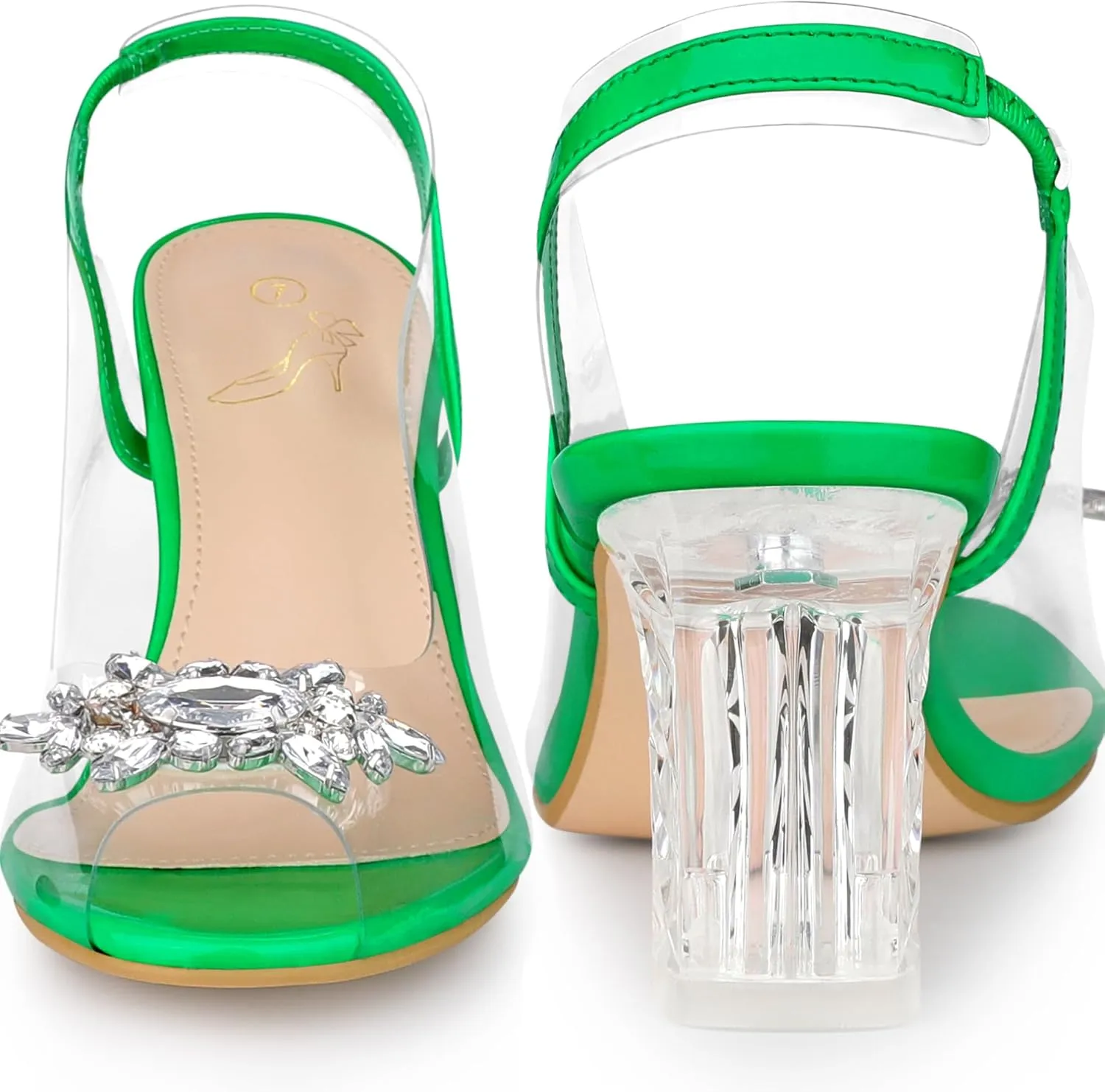 Perphy Clear Slingback Rhinestone Peep Toe Block Heels Sandals for Women