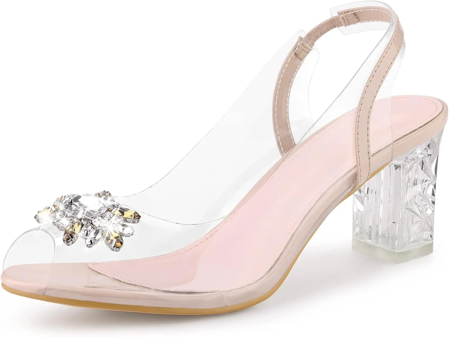 Perphy Clear Slingback Rhinestone Peep Toe Block Heels Sandals for Women