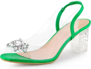 Perphy Clear Slingback Rhinestone Peep Toe Block Heels Sandals for Women
