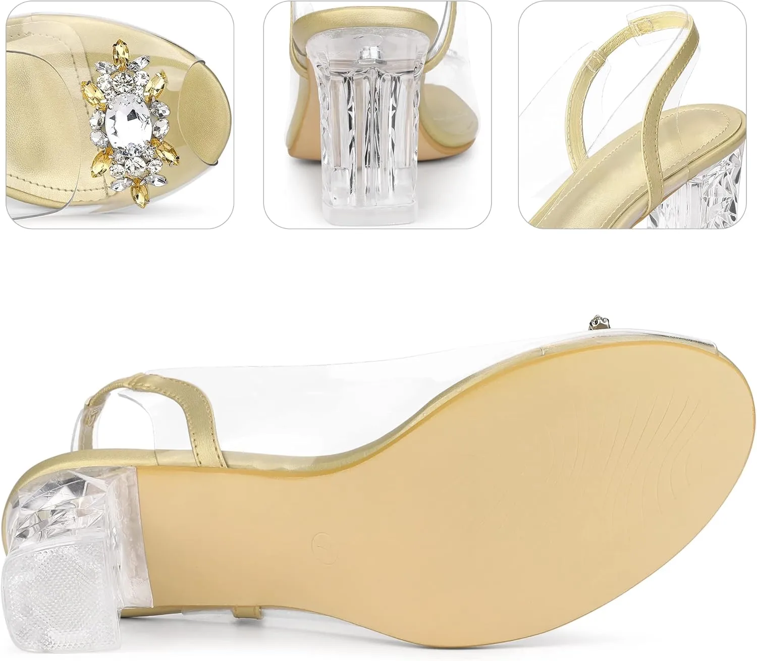 Perphy Clear Slingback Rhinestone Peep Toe Block Heels Sandals for Women