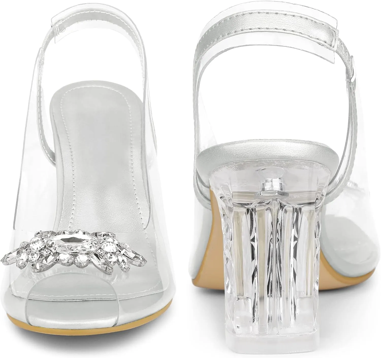 Perphy Clear Slingback Rhinestone Peep Toe Block Heels Sandals for Women