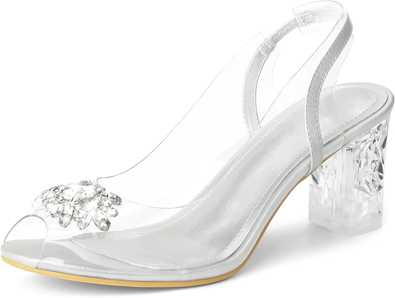 Perphy Clear Slingback Rhinestone Peep Toe Block Heels Sandals for Women