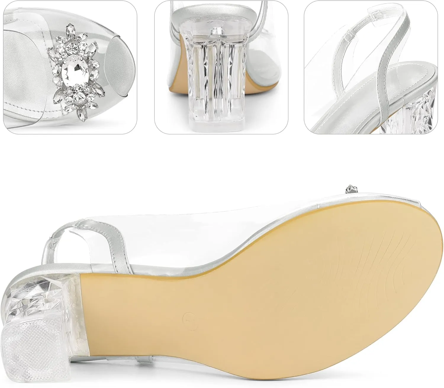 Perphy Clear Slingback Rhinestone Peep Toe Block Heels Sandals for Women