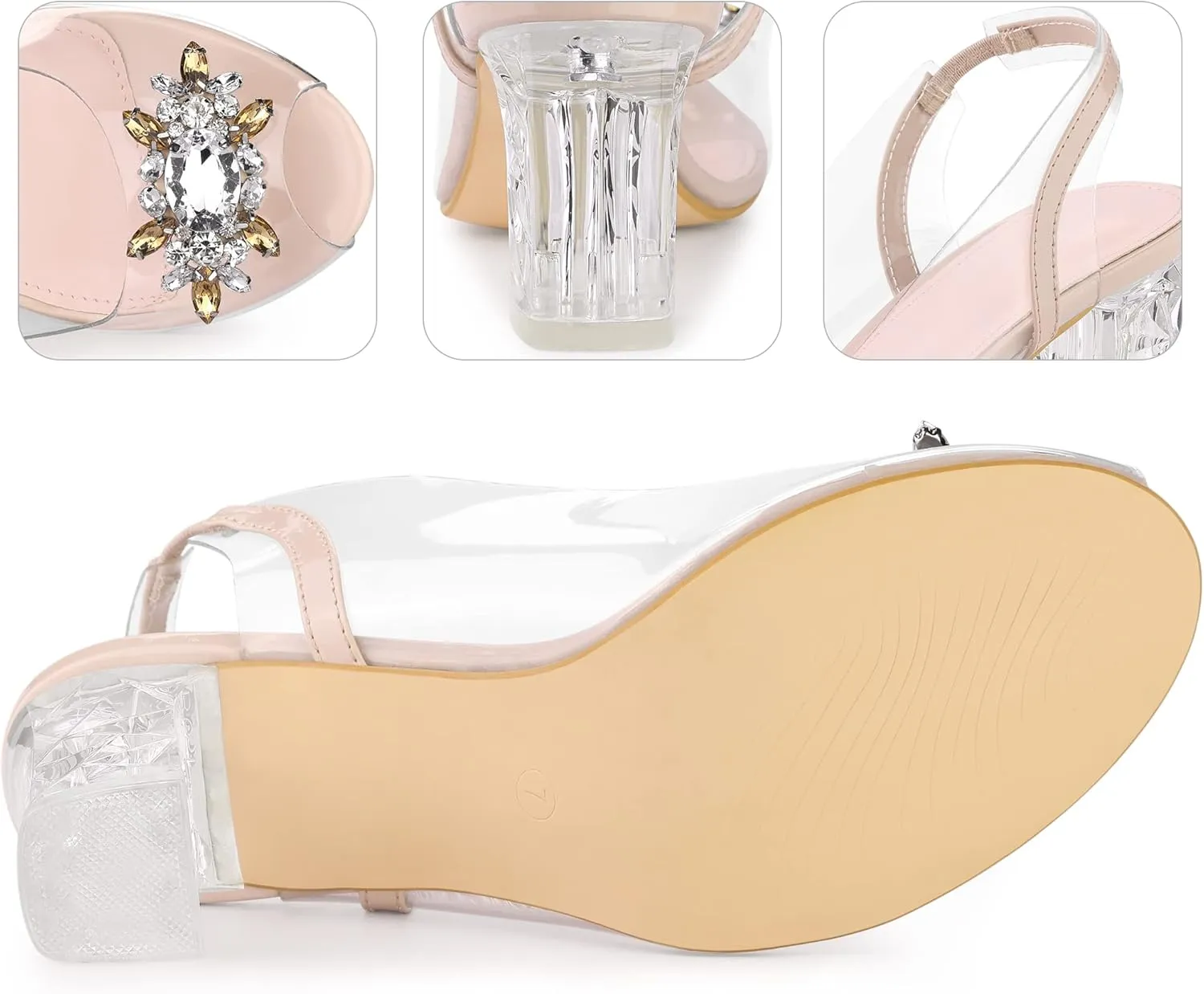 Perphy Clear Slingback Rhinestone Peep Toe Block Heels Sandals for Women