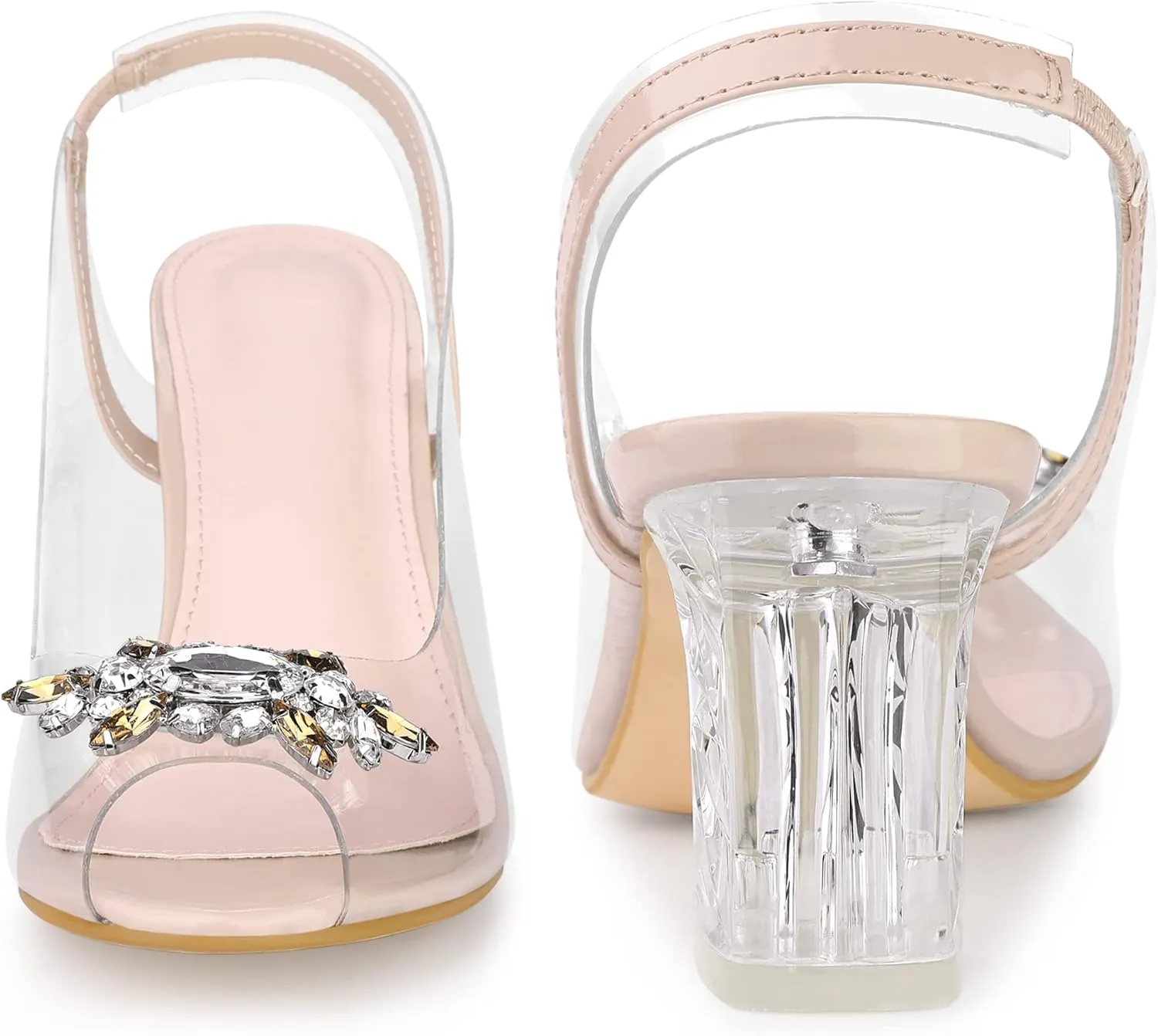 Perphy Clear Slingback Rhinestone Peep Toe Block Heels Sandals for Women