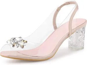 Perphy Clear Slingback Rhinestone Peep Toe Block Heels Sandals for Women