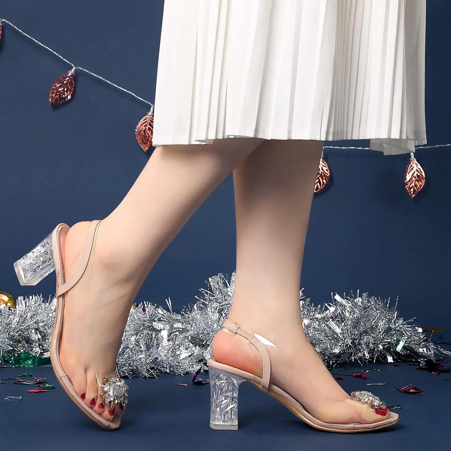 Perphy Clear Slingback Rhinestone Peep Toe Block Heels Sandals for Women