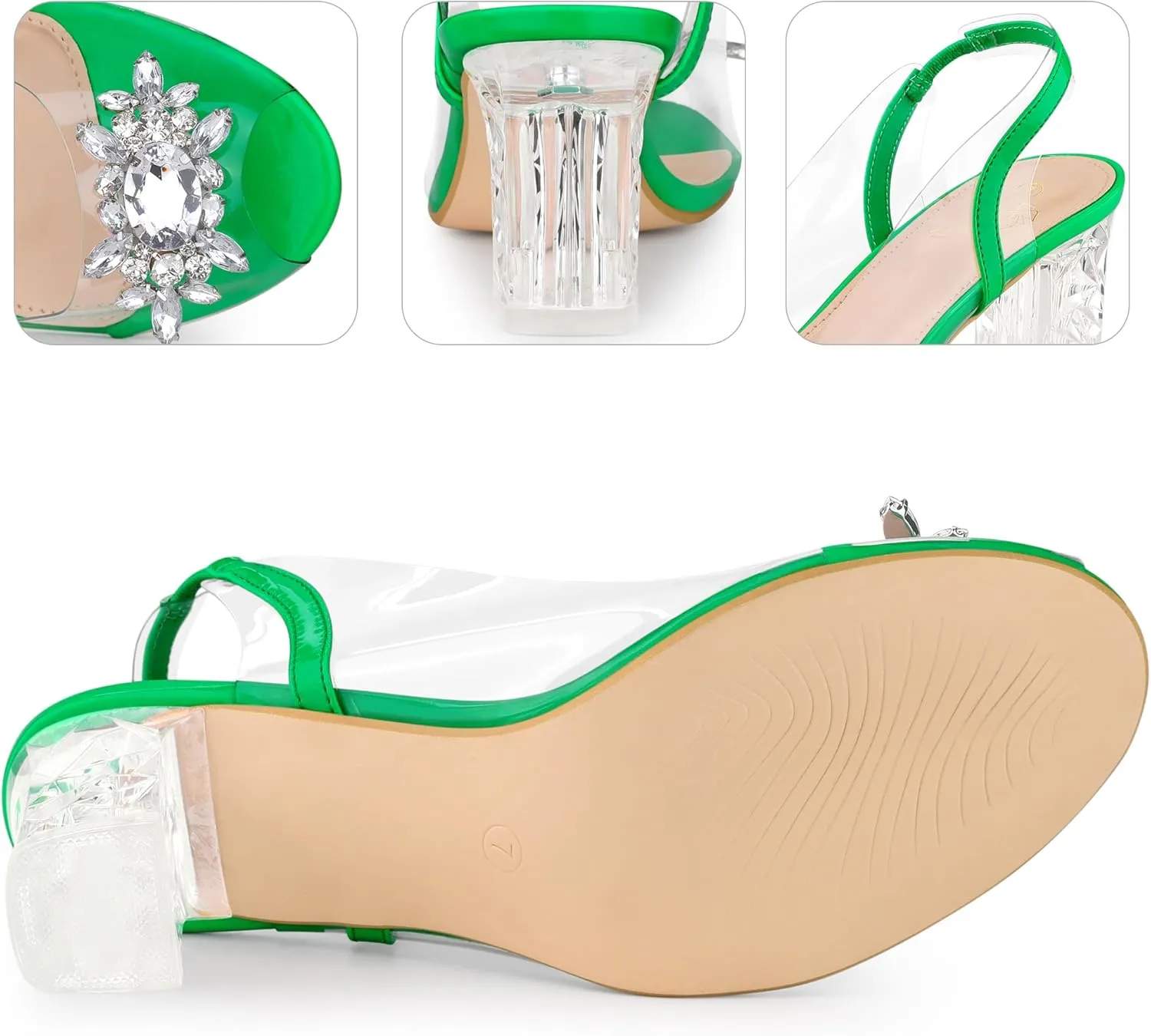 Perphy Clear Slingback Rhinestone Peep Toe Block Heels Sandals for Women