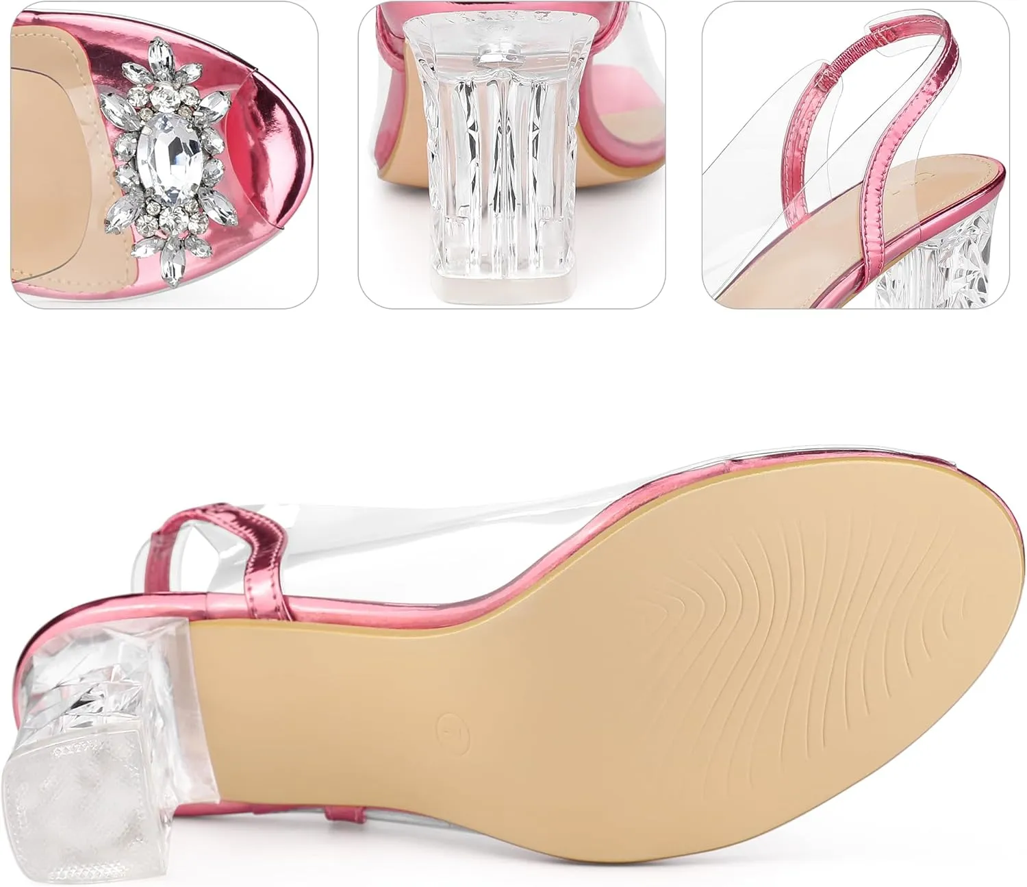 Perphy Clear Slingback Rhinestone Peep Toe Block Heels Sandals for Women