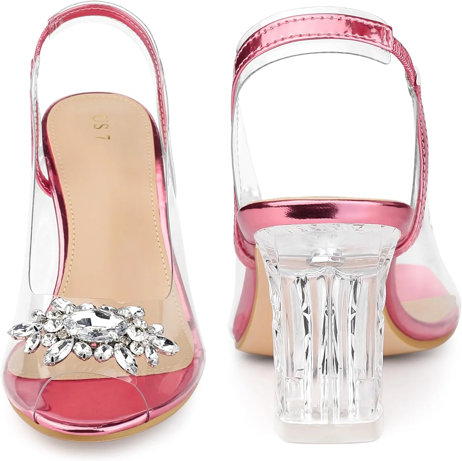 Perphy Clear Slingback Rhinestone Peep Toe Block Heels Sandals for Women