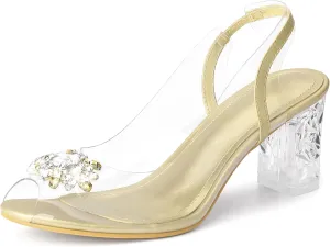 Perphy Clear Slingback Rhinestone Peep Toe Block Heels Sandals for Women