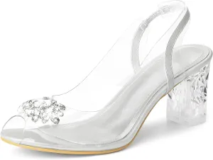 Perphy Clear Slingback Rhinestone Peep Toe Block Heels Sandals for Women
