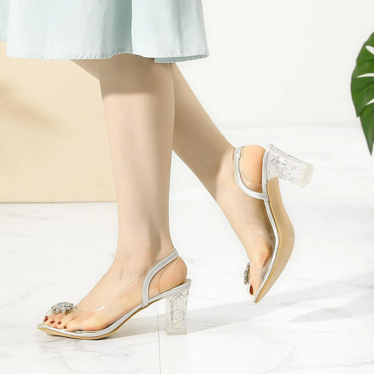 Perphy Clear Slingback Rhinestone Peep Toe Block Heels Sandals for Women