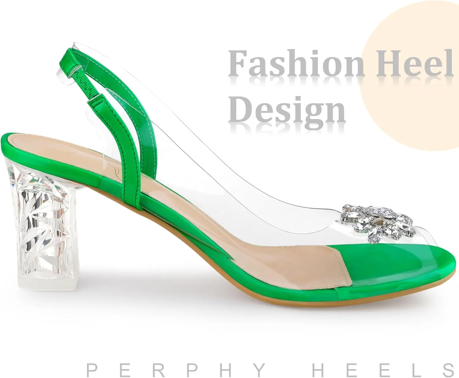 Perphy Clear Slingback Rhinestone Peep Toe Block Heels Sandals for Women