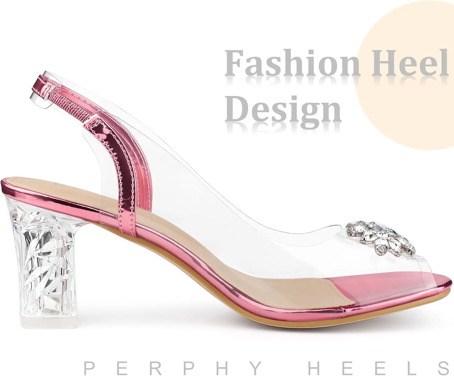 Perphy Clear Slingback Rhinestone Peep Toe Block Heels Sandals for Women