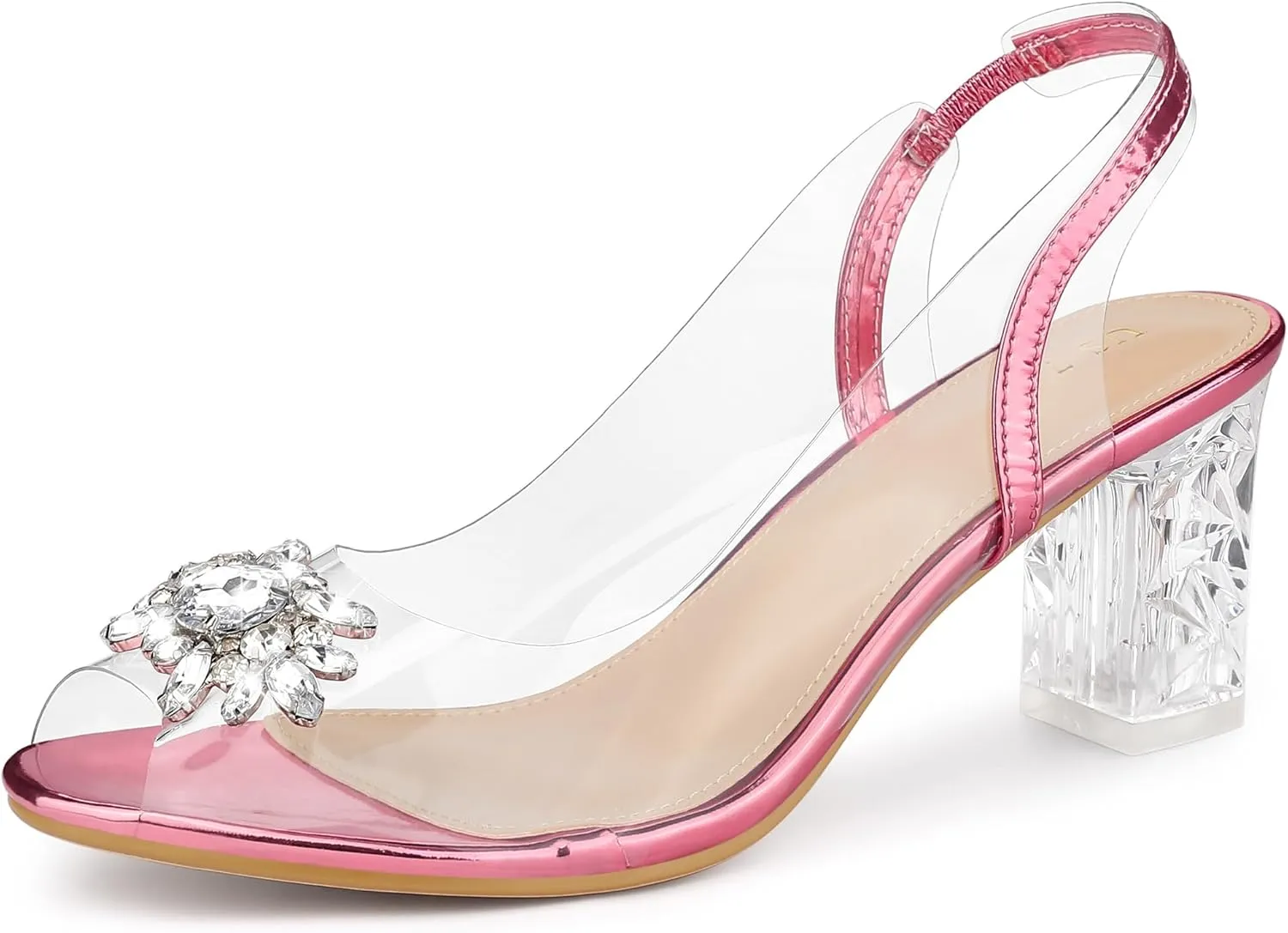 Perphy Clear Slingback Rhinestone Peep Toe Block Heels Sandals for Women