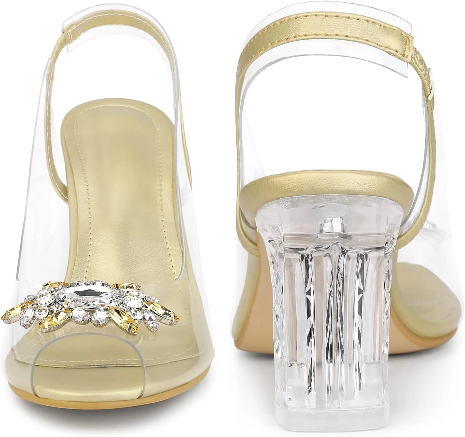 Perphy Clear Slingback Rhinestone Peep Toe Block Heels Sandals for Women