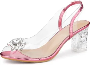 Perphy Clear Slingback Rhinestone Peep Toe Block Heels Sandals for Women