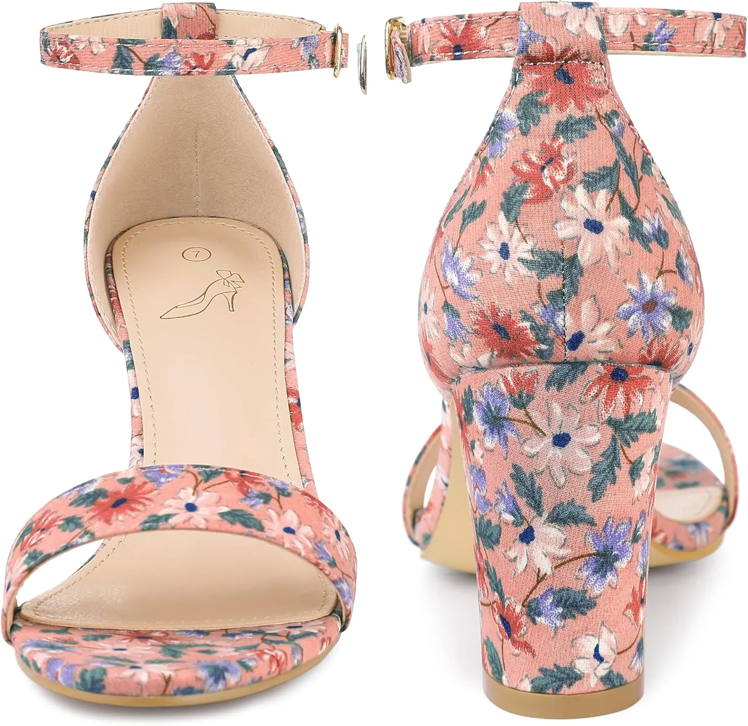 Perphy Floral Printed Open Toe Ankle Strap Chunky Heel Sandals for Women