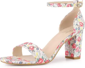 Perphy Floral Printed Open Toe Ankle Strap Chunky Heel Sandals for Women