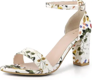 Perphy Floral Printed Open Toe Ankle Strap Chunky Heel Sandals for Women