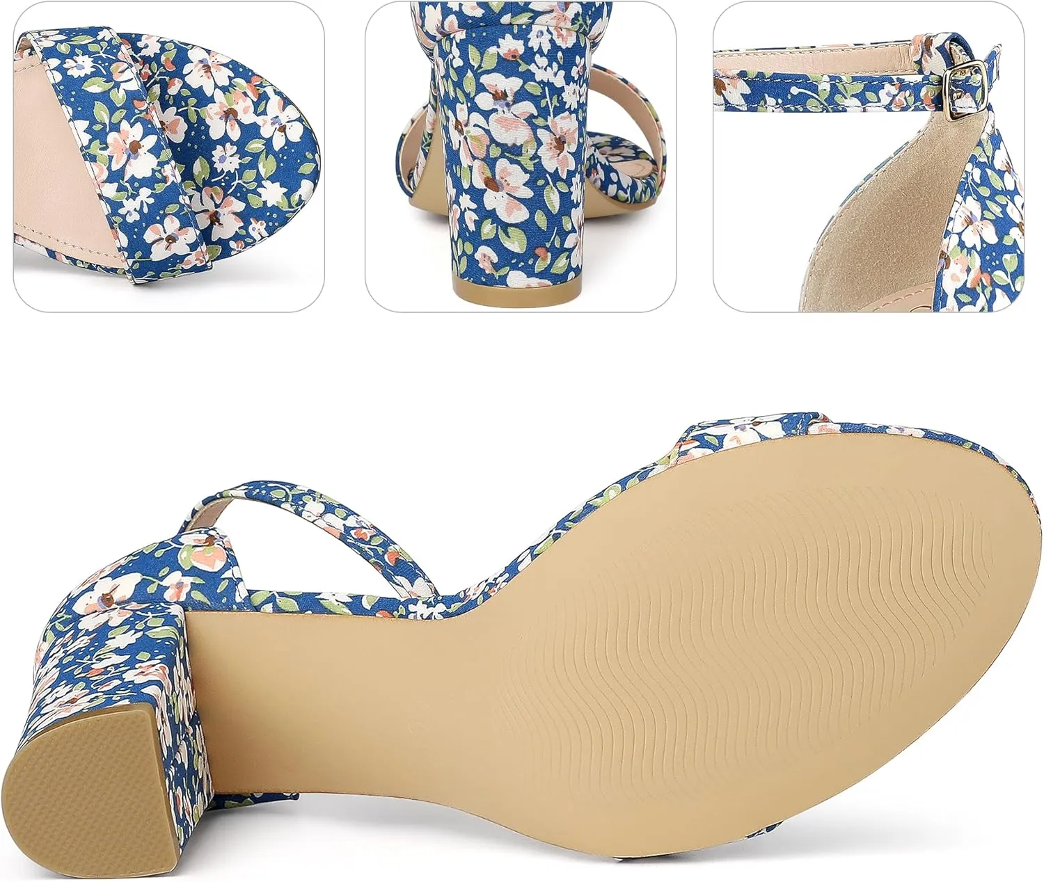 Perphy Floral Printed Open Toe Ankle Strap Chunky Heel Sandals for Women