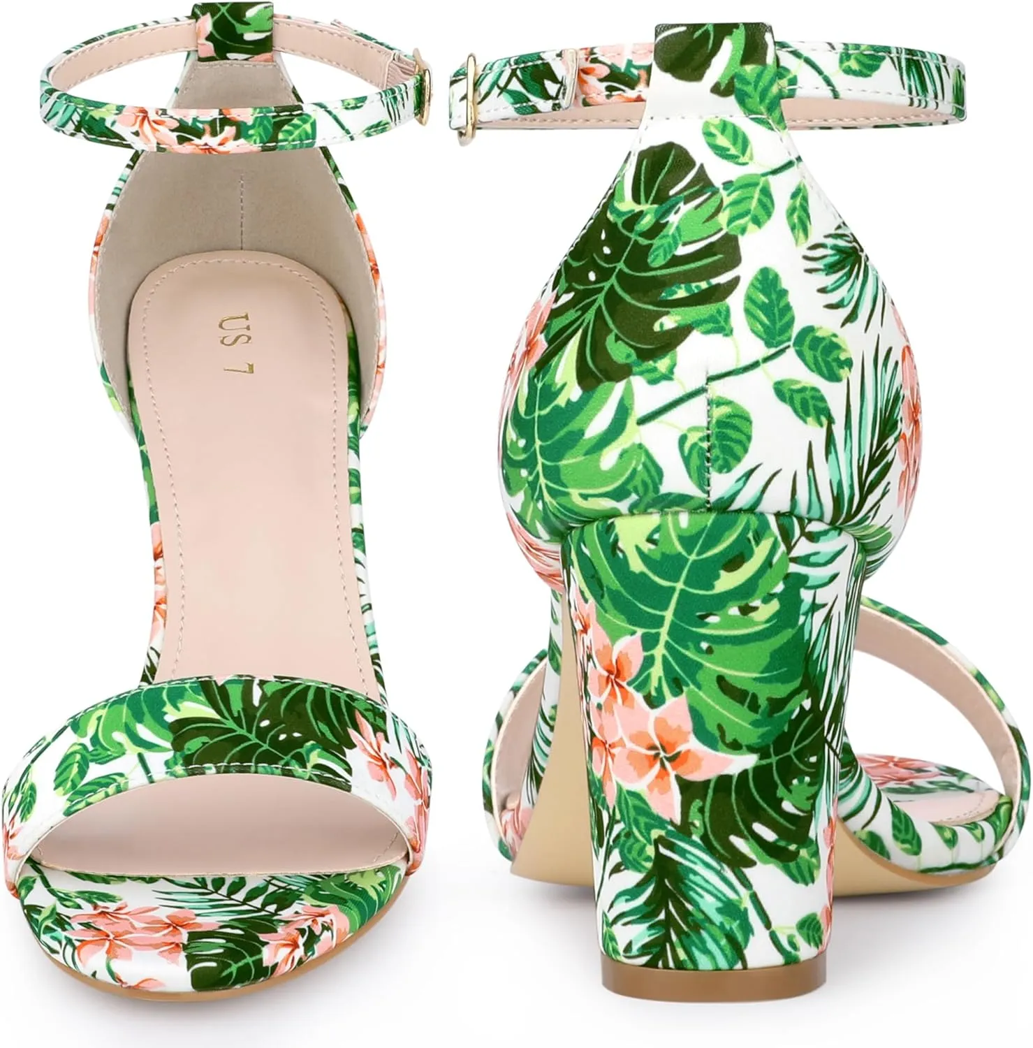 Perphy Floral Printed Open Toe Ankle Strap Chunky Heel Sandals for Women