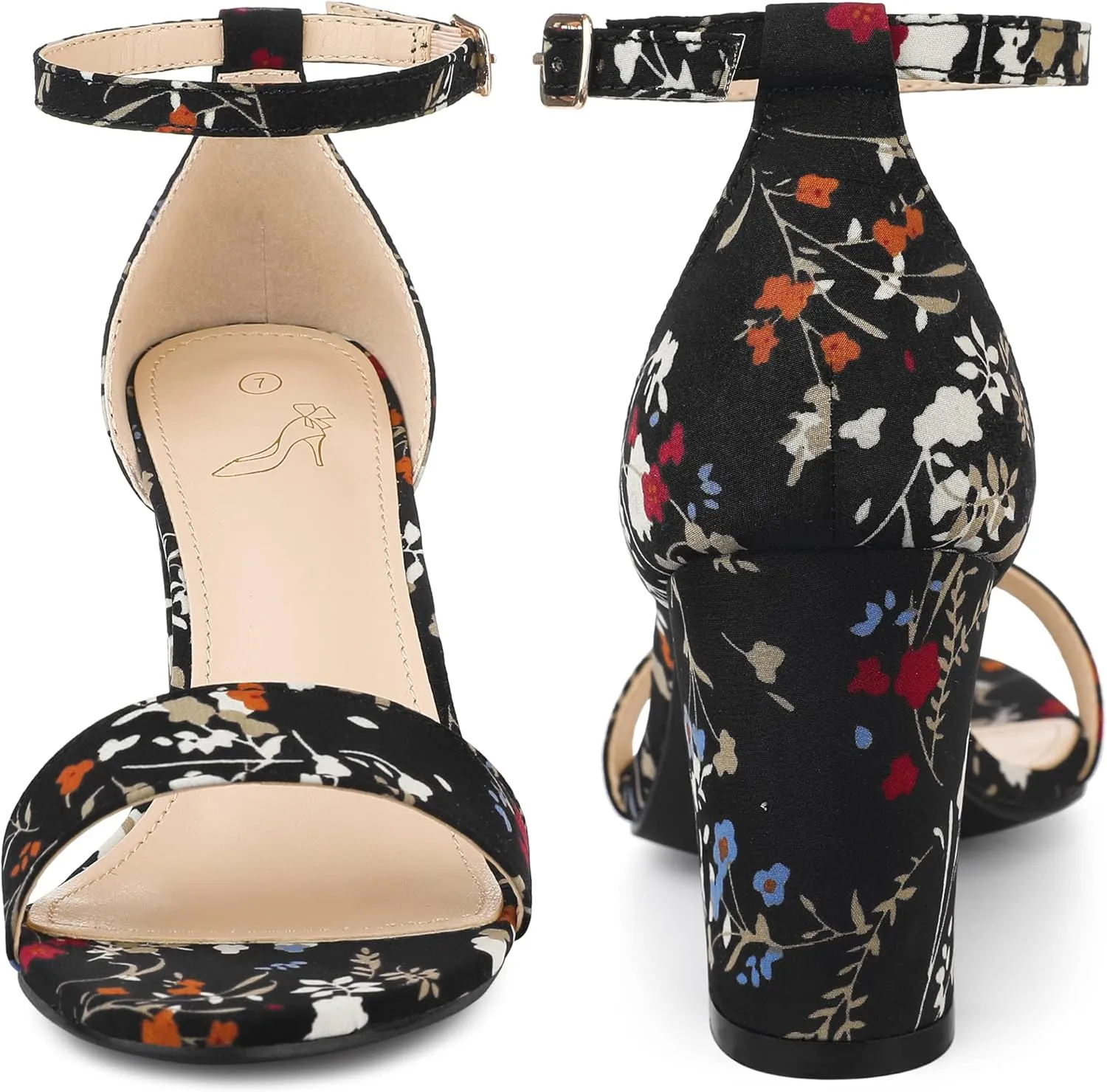 Perphy Floral Printed Open Toe Ankle Strap Chunky Heel Sandals for Women