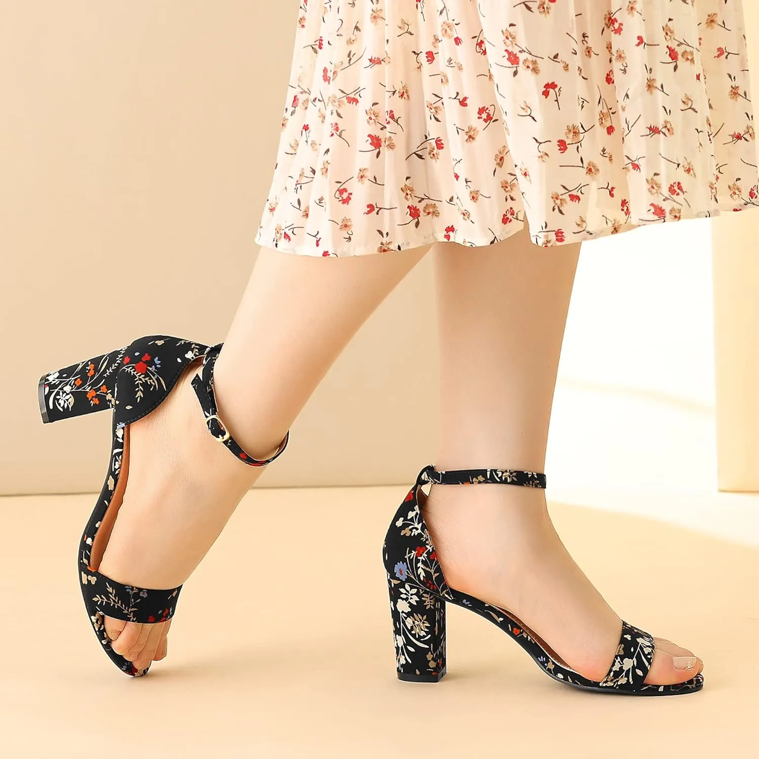 Perphy Floral Printed Open Toe Ankle Strap Chunky Heel Sandals for Women