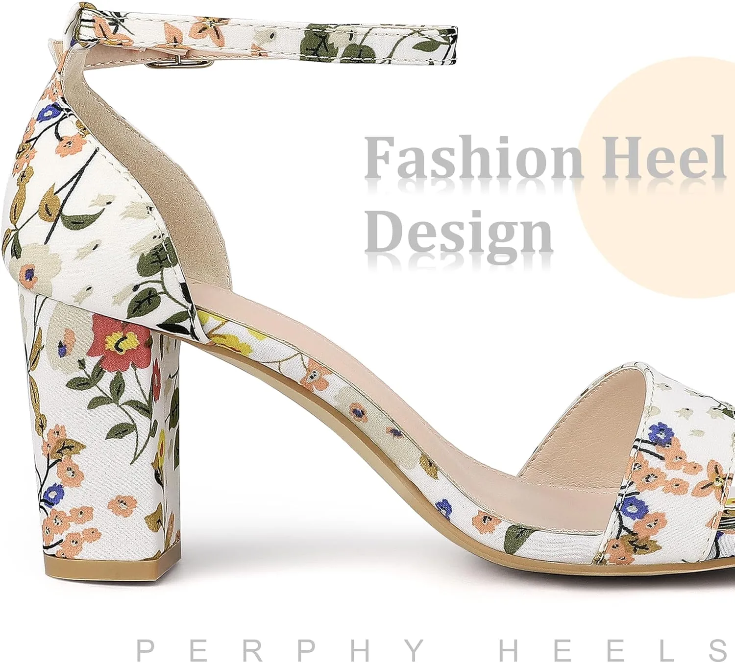Perphy Floral Printed Open Toe Ankle Strap Chunky Heel Sandals for Women