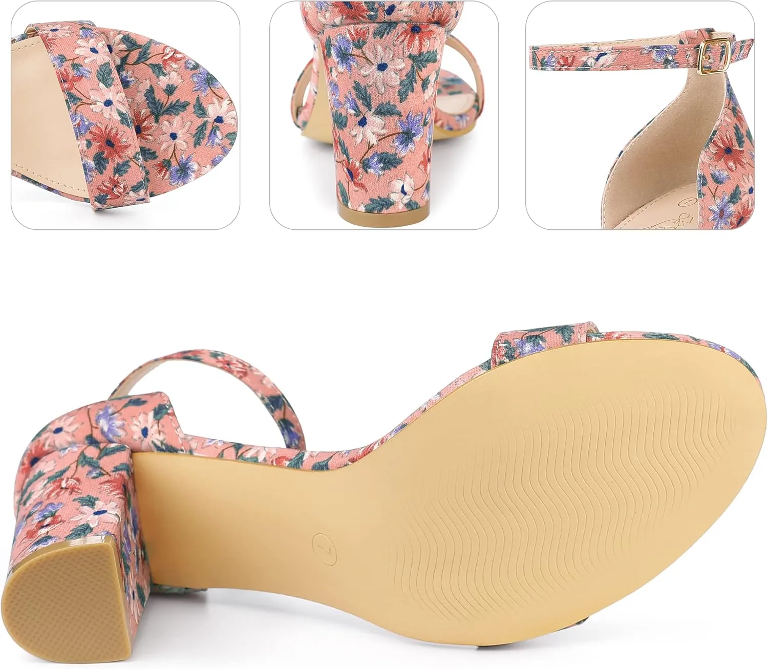 Perphy Floral Printed Open Toe Ankle Strap Chunky Heel Sandals for Women