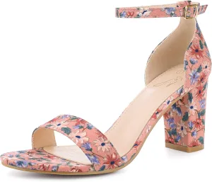 Perphy Floral Printed Open Toe Ankle Strap Chunky Heel Sandals for Women