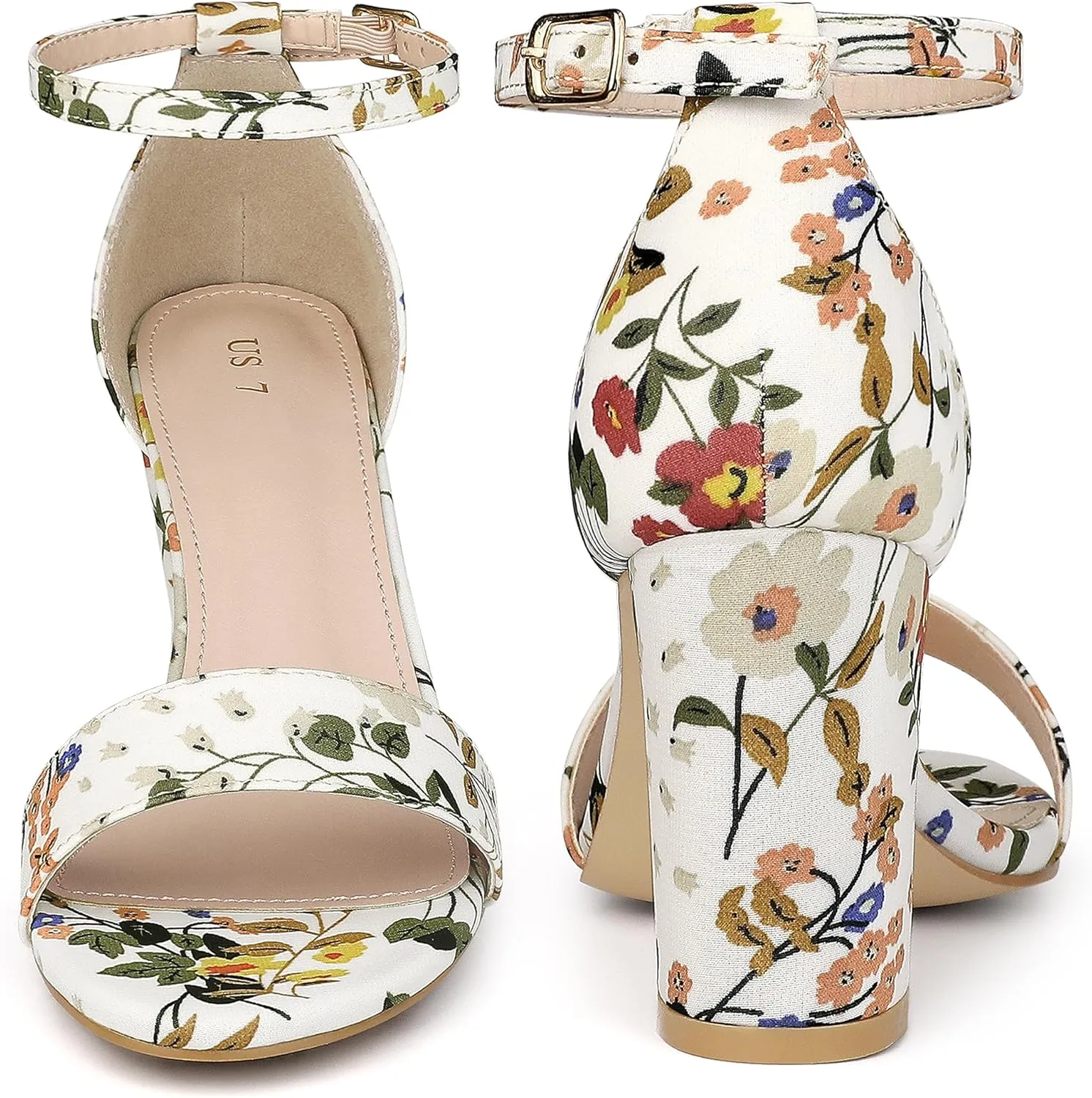 Perphy Floral Printed Open Toe Ankle Strap Chunky Heel Sandals for Women