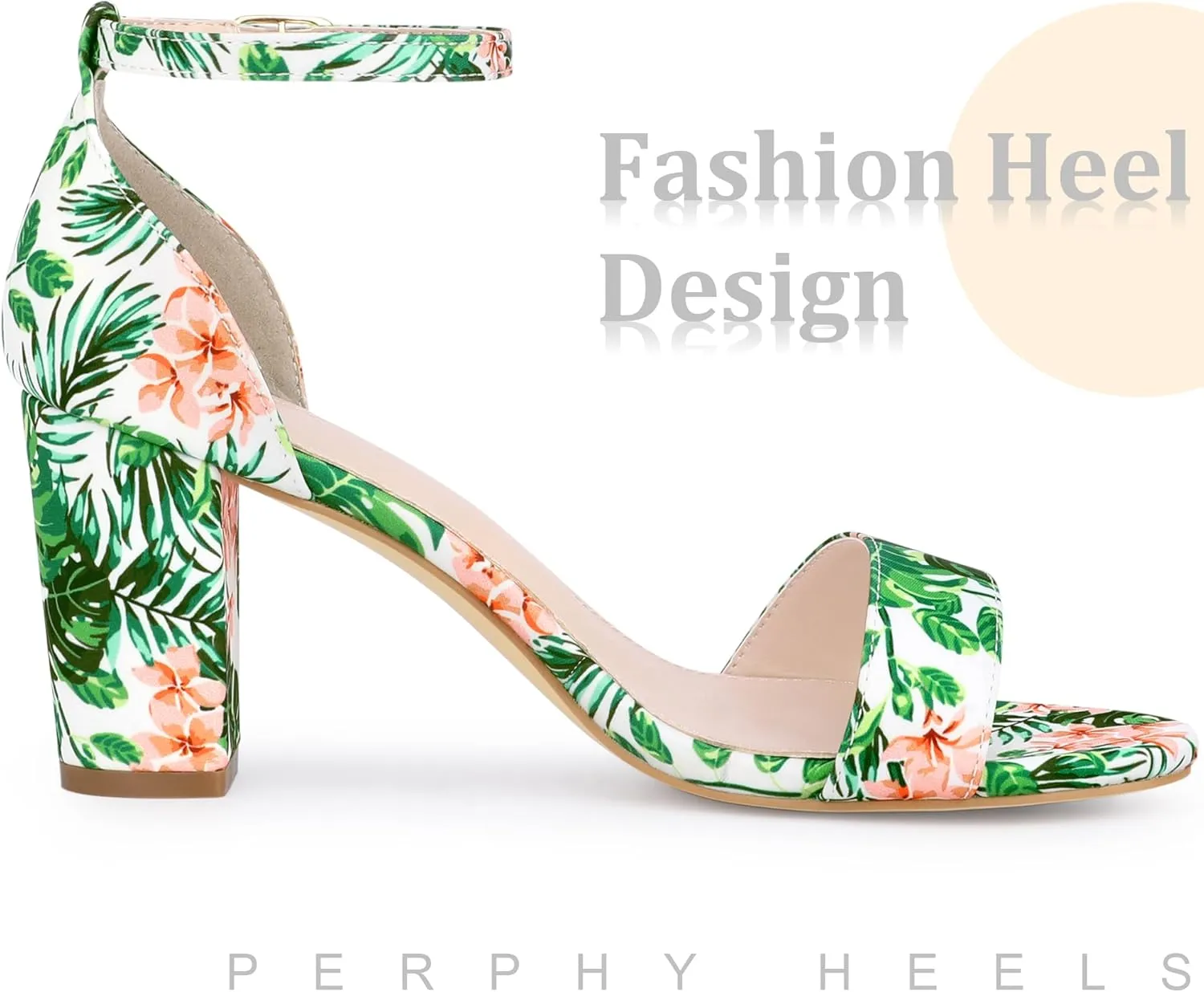Perphy Floral Printed Open Toe Ankle Strap Chunky Heel Sandals for Women