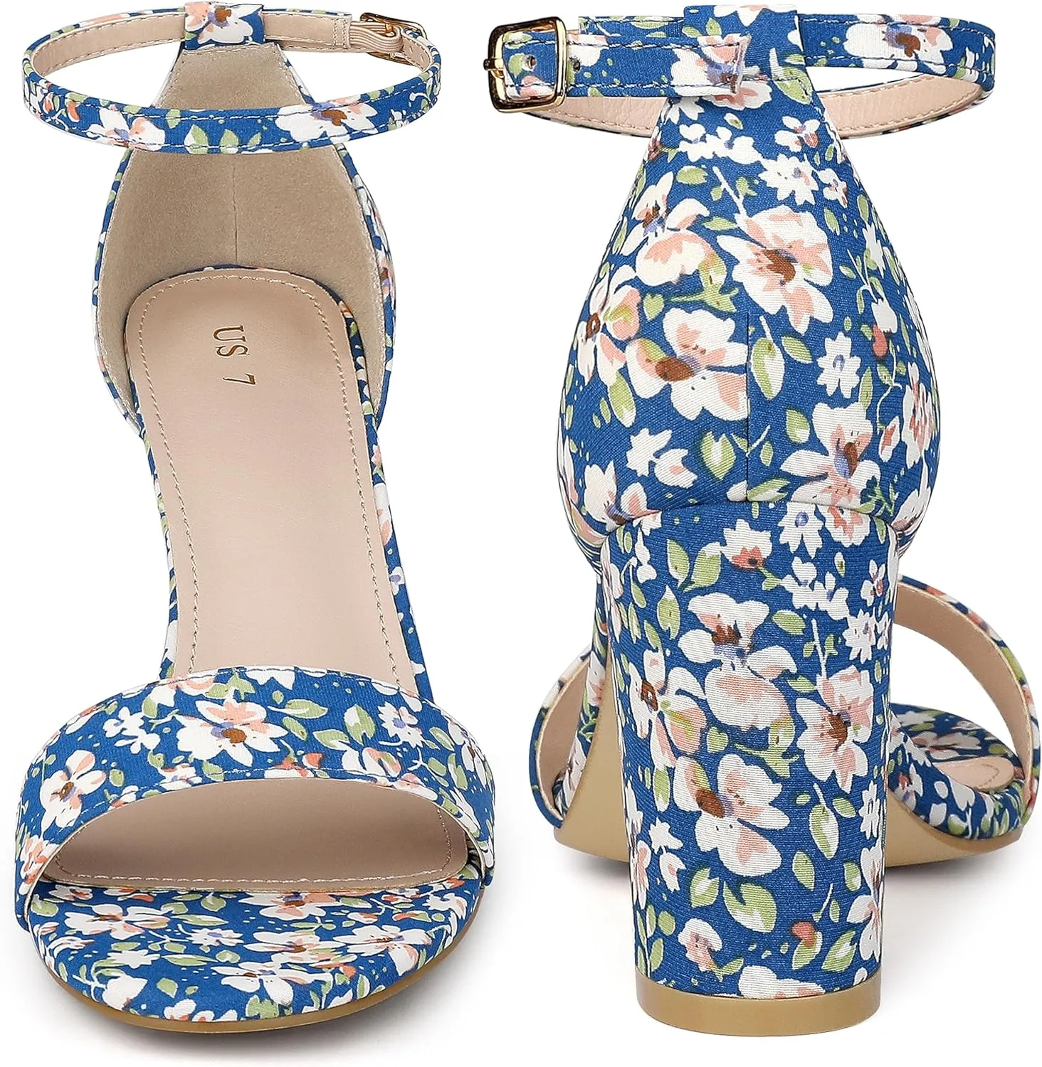 Perphy Floral Printed Open Toe Ankle Strap Chunky Heel Sandals for Women