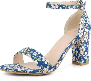 Perphy Floral Printed Open Toe Ankle Strap Chunky Heel Sandals for Women