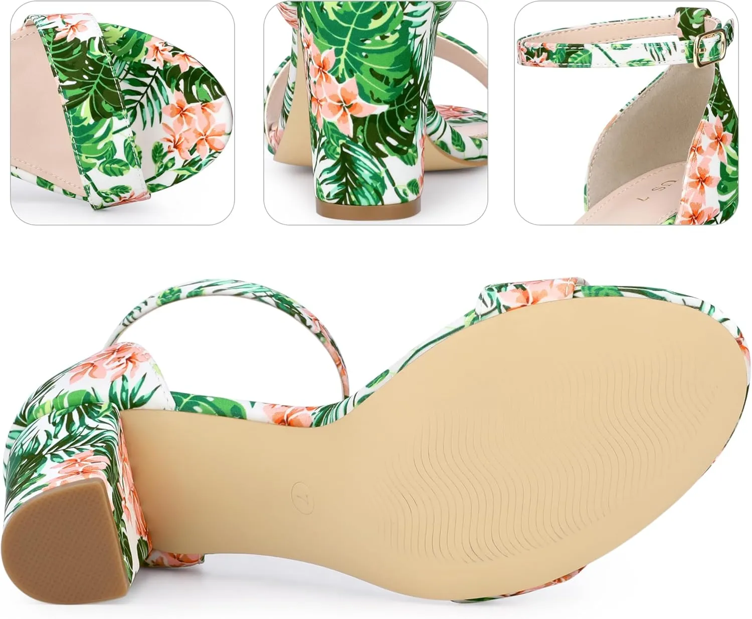 Perphy Floral Printed Open Toe Ankle Strap Chunky Heel Sandals for Women