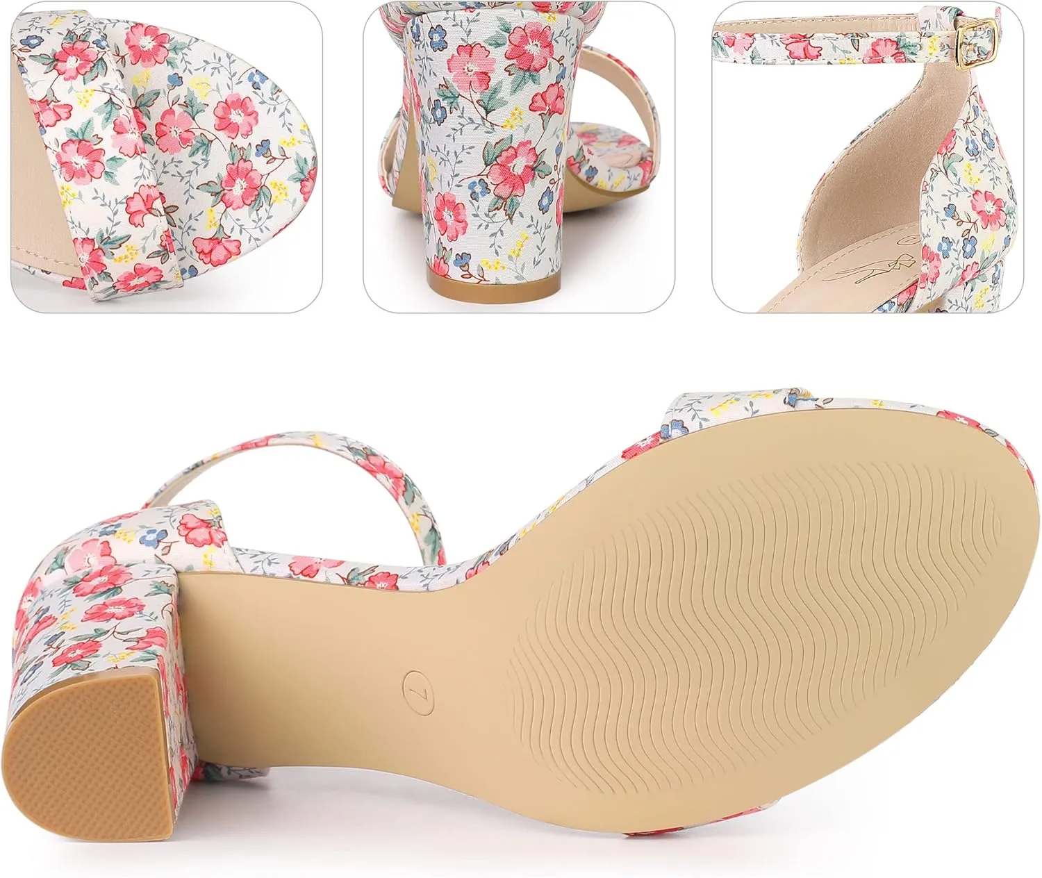 Perphy Floral Printed Open Toe Ankle Strap Chunky Heel Sandals for Women