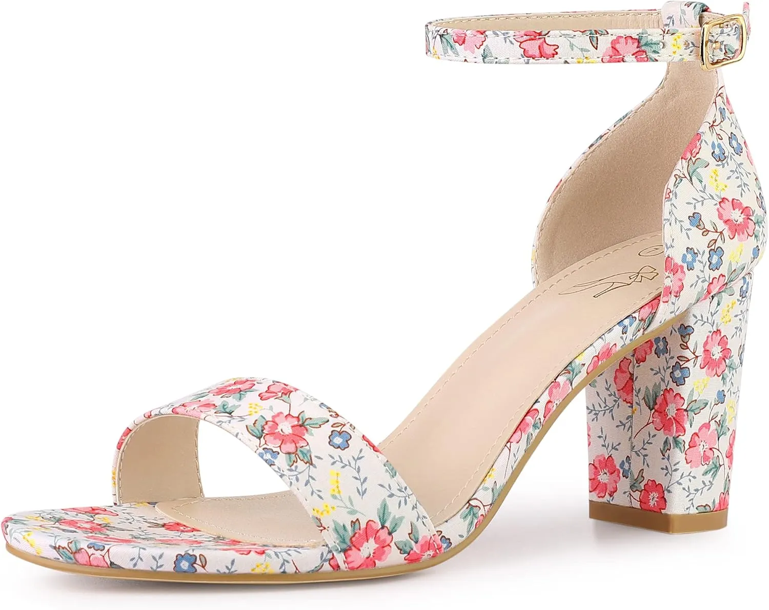 Perphy Floral Printed Open Toe Ankle Strap Chunky Heel Sandals for Women
