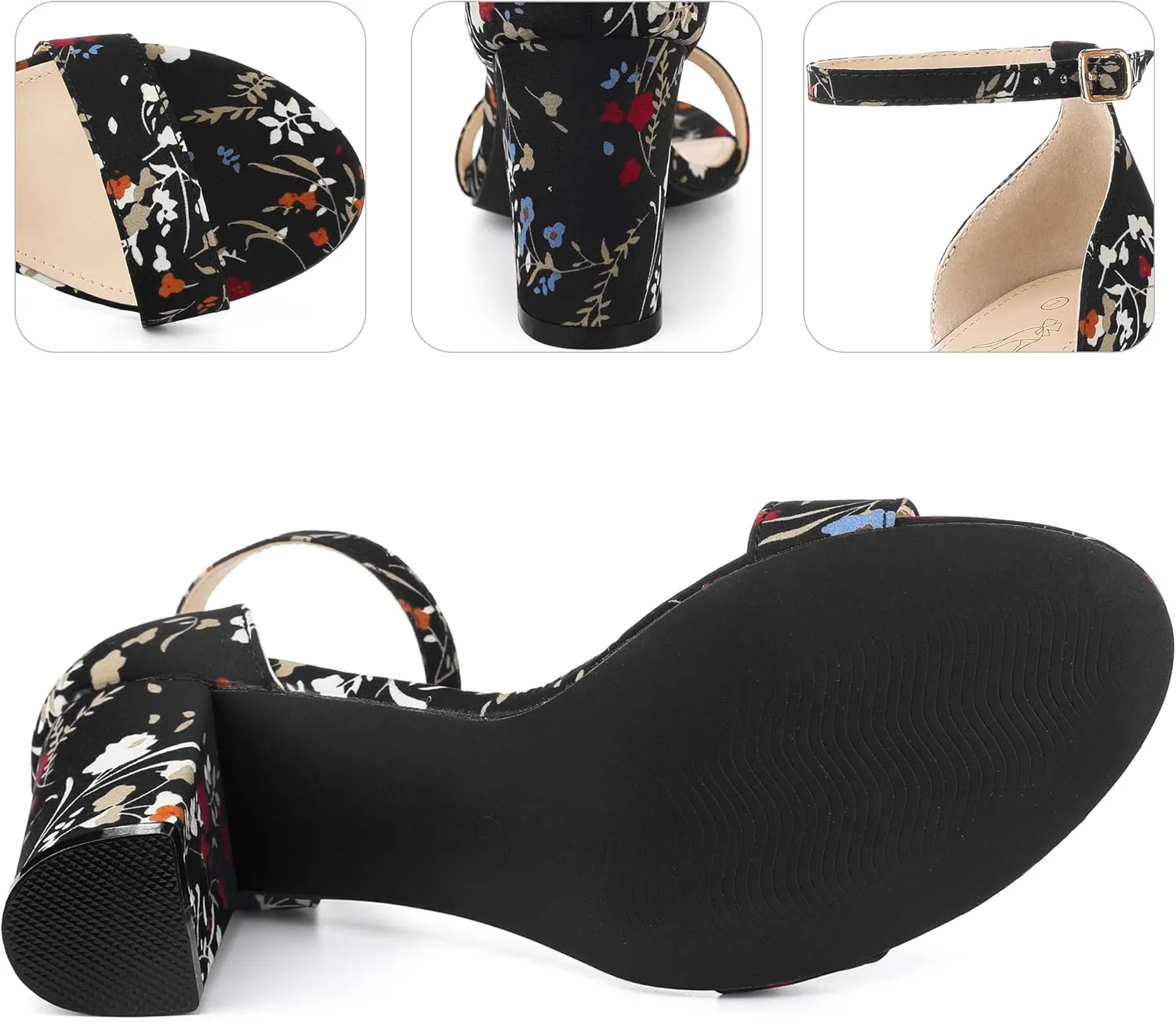 Perphy Floral Printed Open Toe Ankle Strap Chunky Heel Sandals for Women