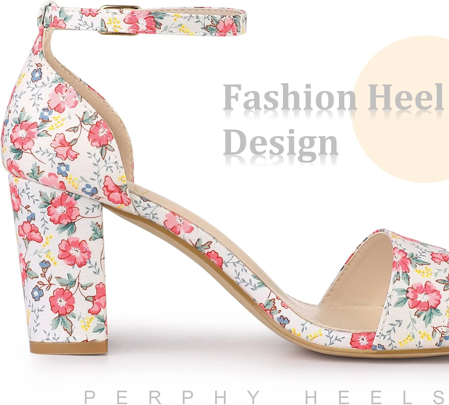 Perphy Floral Printed Open Toe Ankle Strap Chunky Heel Sandals for Women