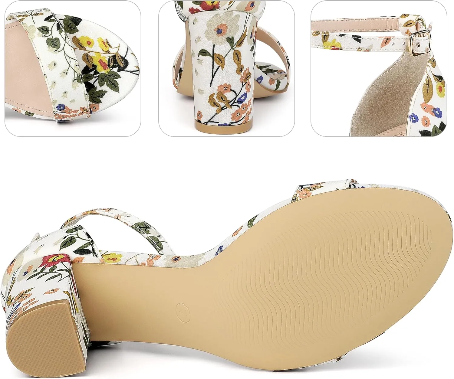 Perphy Floral Printed Open Toe Ankle Strap Chunky Heel Sandals for Women