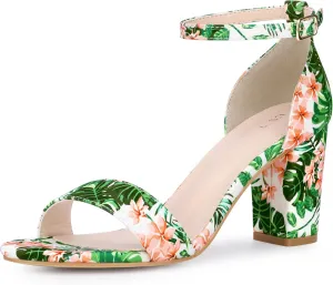 Perphy Floral Printed Open Toe Ankle Strap Chunky Heel Sandals for Women