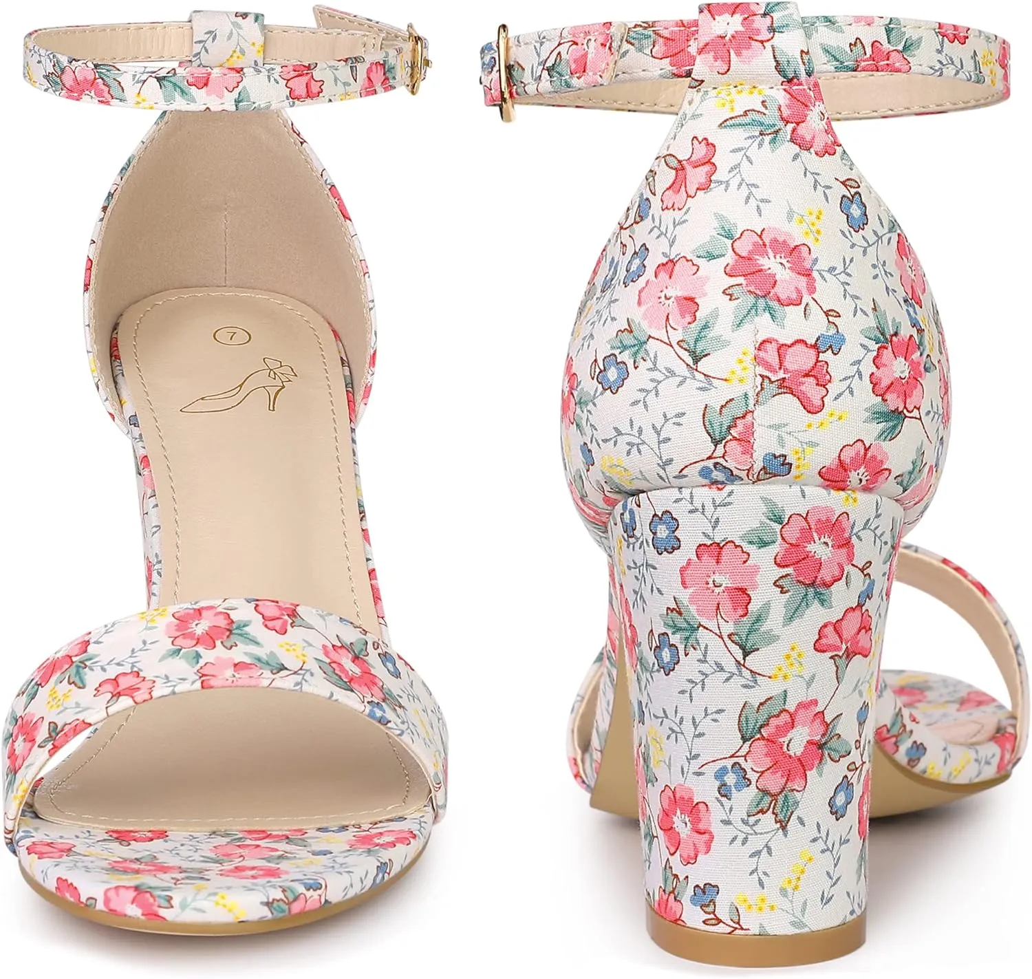 Perphy Floral Printed Open Toe Ankle Strap Chunky Heel Sandals for Women