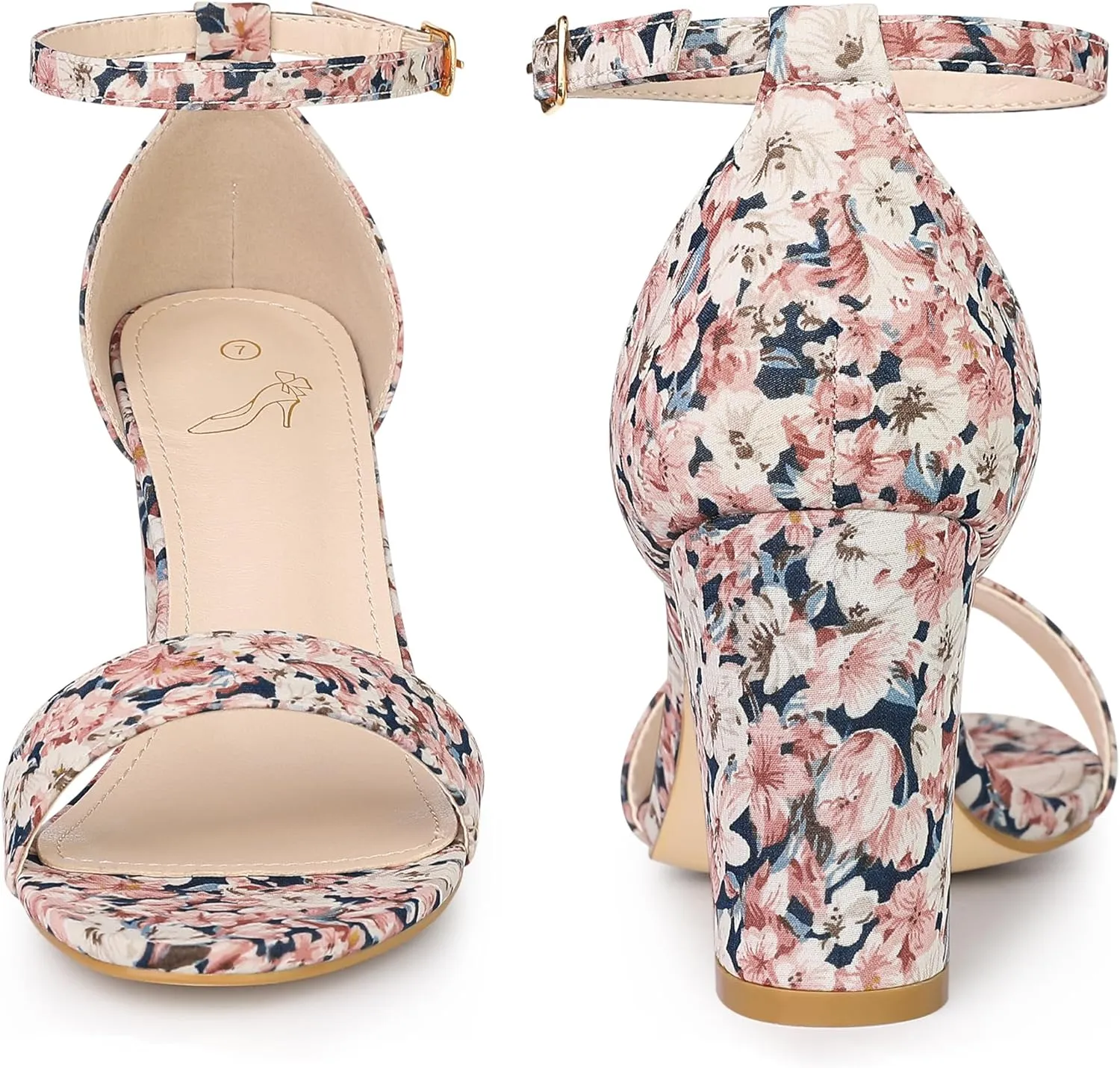 Perphy Floral Printed Open Toe Ankle Strap Chunky Heel Sandals for Women