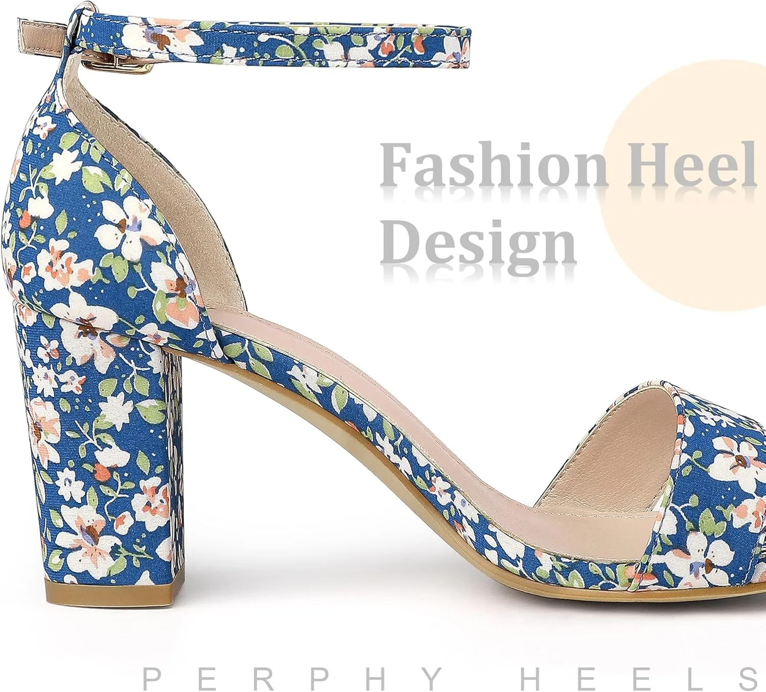 Perphy Floral Printed Open Toe Ankle Strap Chunky Heel Sandals for Women